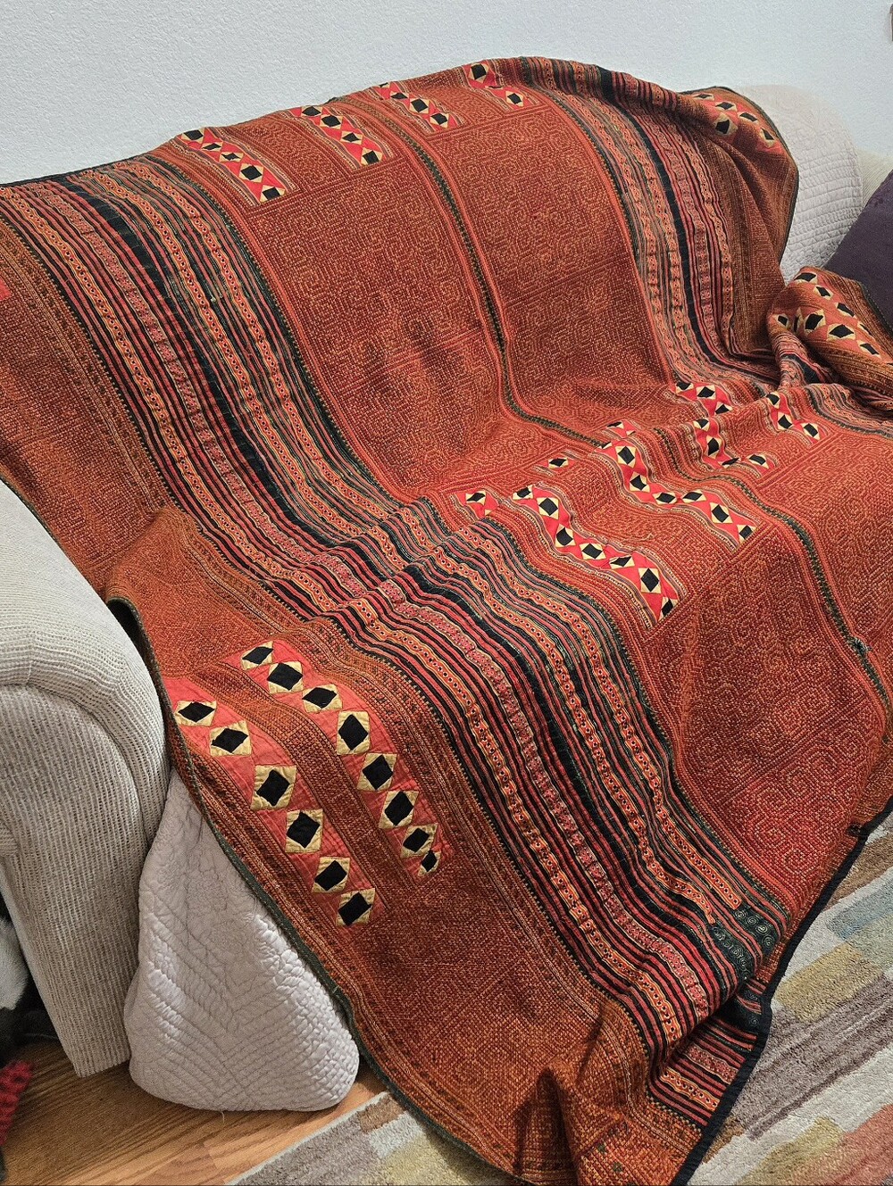Pha Houm Rusty BrownTraditional Lao Sleeping Blanket Woven Panels with Applique